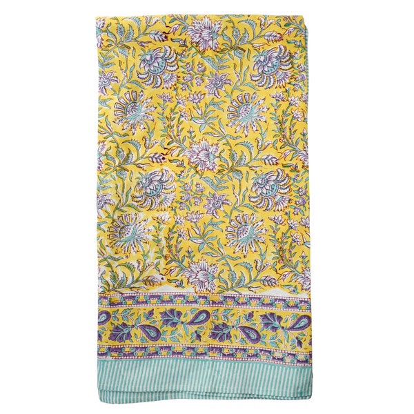 Yellow Square Tablecloth 100% Cotton Country Home, Hand Block Print, Floral Botanics, Holiday Table Linen, Outdoor Indoor 225x275cm Cottage