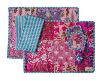Set di tovagliette rettangolari trapuntate reversibili patchwork rosa / Tovaglie in cotone con tovaglioli e sottobicchieri / Stampa a blocchi