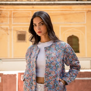 Hand Block Printed Light Quilted Jacket Blue Floral Organic Cotton Ethical Sustainable Women Short Jacket