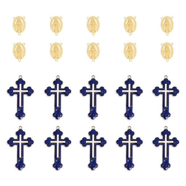 Grand Ensemble Chapelet = Vierge  23 x 14 x 2,5 m Trou 1 mm ,Croix 55 x 33 x 3 mm Couleur Or bleu foncé