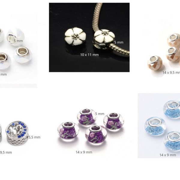 1 - Perles Européennes grand trou plusieurs modèles au choix ,Verre lampwork fleurs ,Fleurs Email ,Strass saphir ,Résine ,Verre a facettes