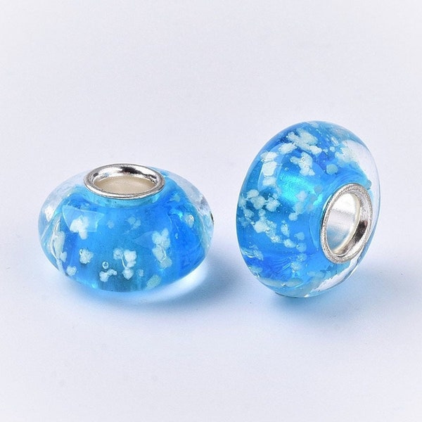 2 European Beads Washer Blue Dodger Luminous Hand Glazed Glass Lampwork Core Single 14 x 7.5 mm Hole 4 mm