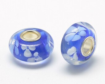 2 Europese kralen bloemen wit royal blue glas lampwerk kern enkel 14 x 7,5 mm gat 4 mm