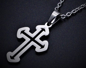 1 Necklace + Cross Pendant in Stainless Steel Long Necklace 45 Cm x Thickness 1.5 mm Lobster Clasp, Cross 24.5 x 15 x 1 mm