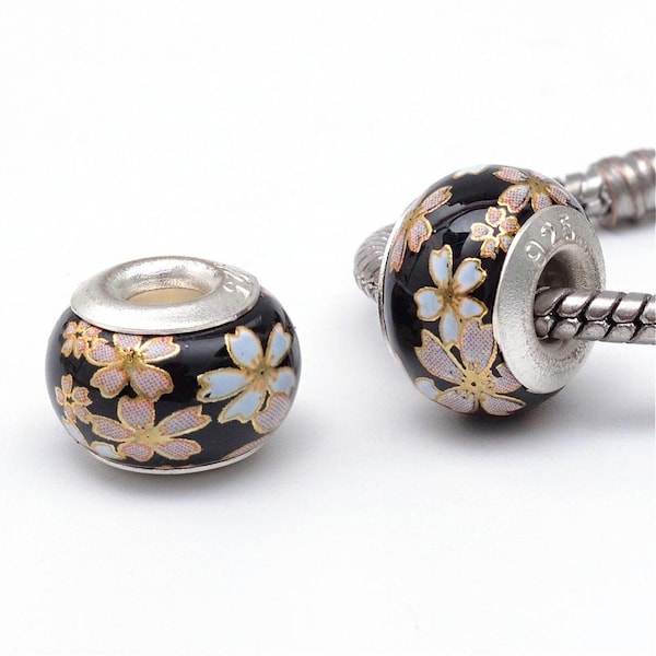 2 Perles Européennes Noir Fleurs 14 X 8 mm Grand Trou 4,5 m Charms de Style Pandora, Plaqué Argent ,Verre