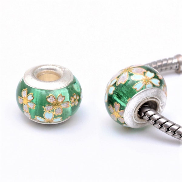 2 Abalorios Europeos Flores Verdes 14 X 8 mm Agujero Grande 4,5 m Encantos Estilo Pandora, Plateado, Vidrio