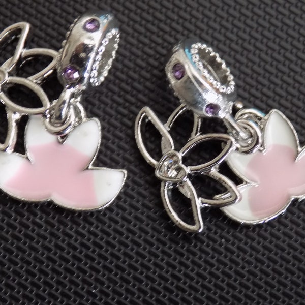 1 Charms Européens Lotus Double Fleurs Avec Des Strass 23 mm , Fleurs Lotus 11 x 14 et 12 x 14 mm ,Trou 4, 5 mm