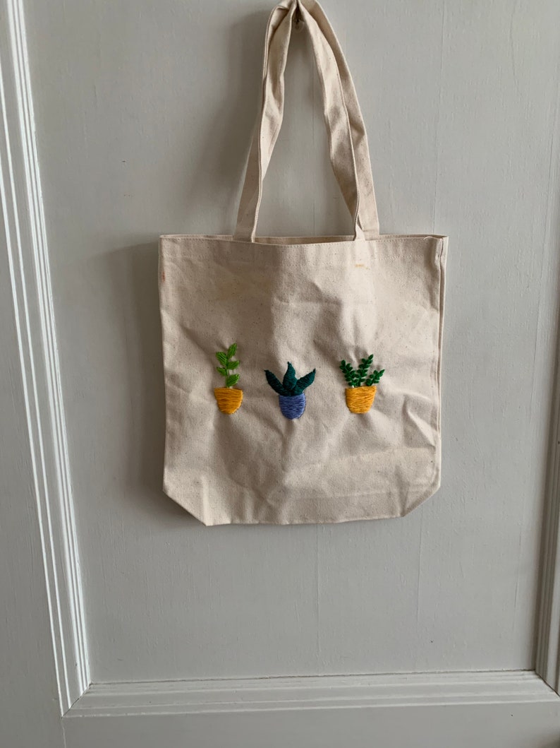 Hand Embroidered Canvas Tote-plants