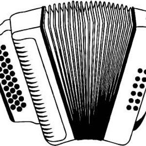May include: Black and white illustration of an accordion. The instrument features a rectangular shape with a series of black buttons on the left and right sides. The bellows are fully extended, showing the vertical lines of the instrument.