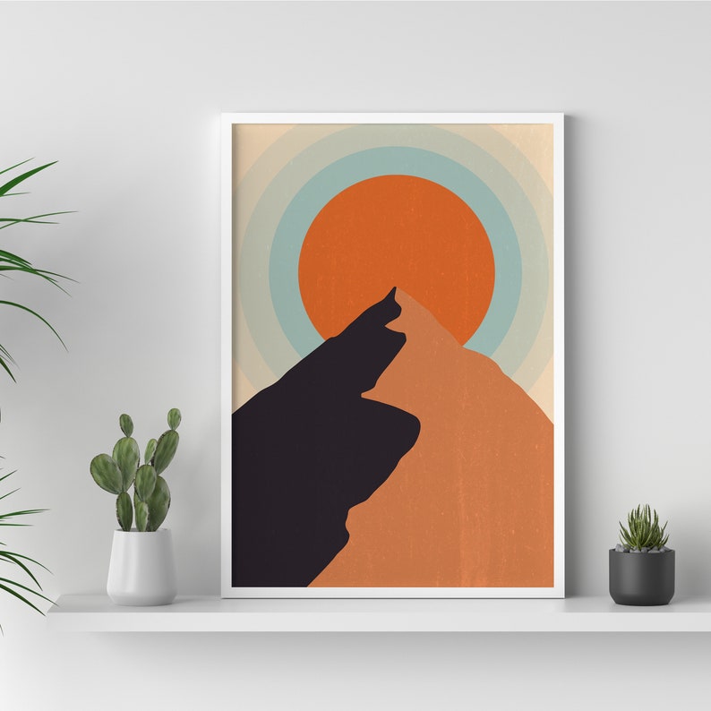 DIGITAL, Abstract Sunset Art, Blue Wall Art, Boho Decor, Mountain