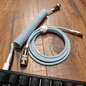 Light Blue coiled artisan USB C cable for mechanical keyboards GX16