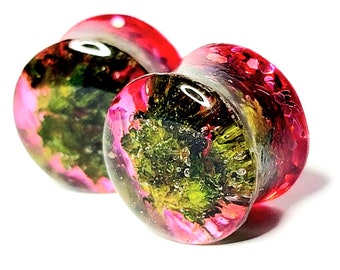 Hot Pink Pot Leaf Glitter Plugs | Pink Glitter Gauges | Double Flare Plugs | Gauges and Tunnels | Marijuana Hemp Jewelry | Nug Plugs