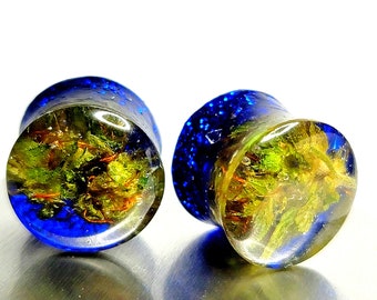 Royal Blue Plugs, Bright Blue Gauges, UV Glow Blue, Double Flare Gauges, Glow-in-dark, Cannabis Plugs, Weed in Resin, Marijuana Jewelry