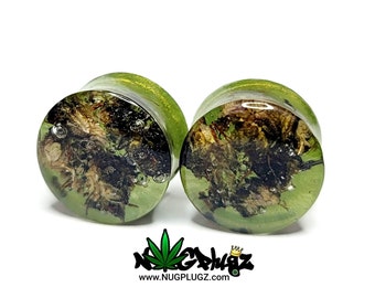 Olive Green Plugs, Pearl Green Gauges, Double Flare, Glow-in-dark, Cannabis Plugs, Weed in Resin, Marijuana Jewelry