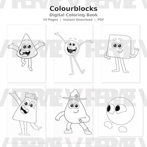 May include: A digital coloring book titled "Colourblocks" with 19 pages available for instant download in PDF format. The image features six cartoon characters with various shapes and expressions, all in black and white.