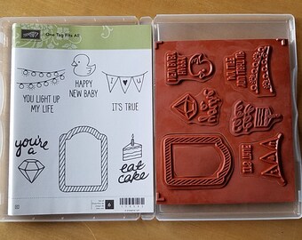 SALE! Stampin' Up! Retired One Tag Fits All Red Rubber Stamp set (not Cling) from 2015, in lightly used condition. Baby, birthday, love