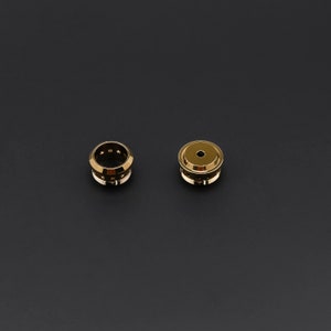 May include: Two gold-colored metal caps with a circular design. One cap has a small hole in the center, while the other has a series of small holes around the edge.