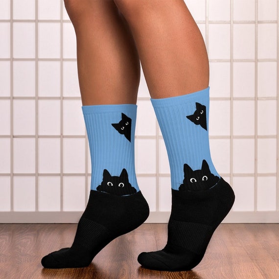 Unisex Black Cat Socks | Blue and Black Socks | Cat Lovers size adult M L XL