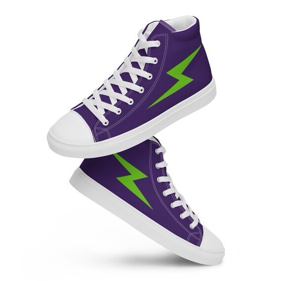Men's High Top Canvas Shoes | Purple with Lime Green Lightening Bolt Sizes US 5 - 13 in Half Sizes