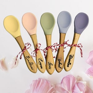 Personalized cutlery in wood and silicone for baby birth... Ideal gift for birth, baptism, birthday