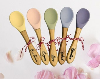 Personalized cutlery in wood and silicone for baby birth... Ideal gift for birth, baptism, birthday