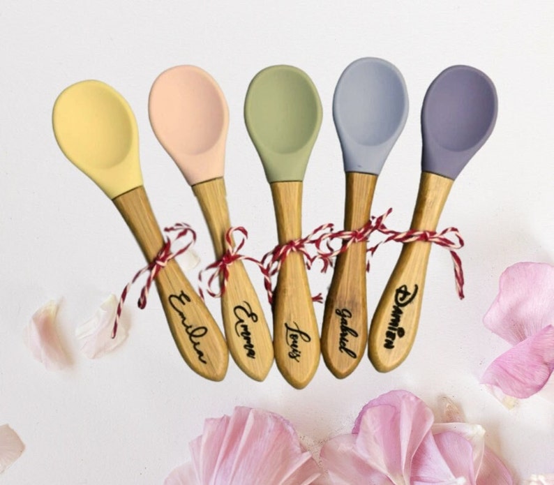 Personalized cutlery in wood and silicone for baby birth... Ideal gift for birth, baptism, birthday image 1