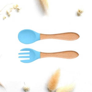 Personalized cutlery in wood and silicone for baby birth... Ideal gift for birth, baptism, birthday Ensemble bleu