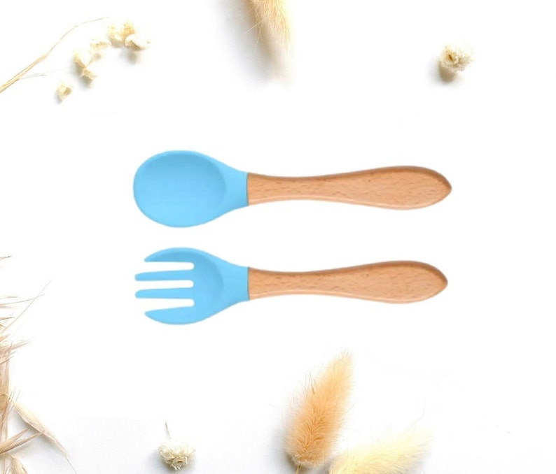 Personalized cutlery in wood and silicone for baby birth... Ideal gift for birth, baptism, birthday Ensemble bleu