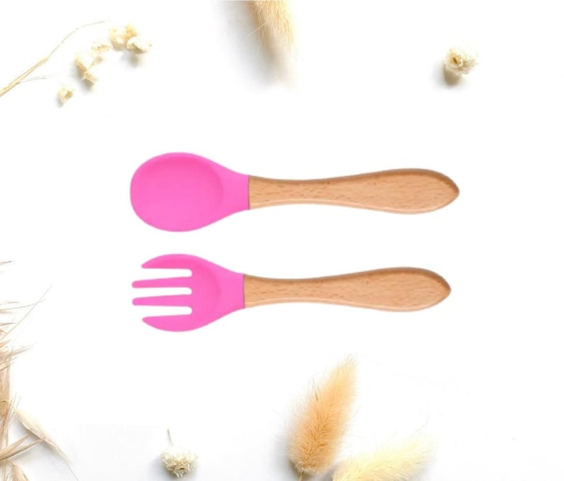 Personalized cutlery in wood and silicone for baby birth... Ideal gift for birth, baptism, birthday Ensemble rose