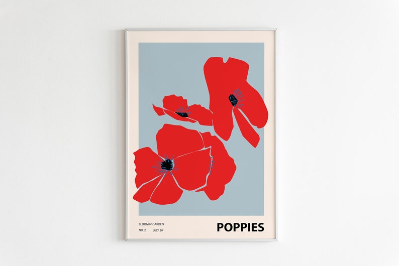 Colorful Flower Illustration Print, Abstract botanical wall art, Home decor, Poppies 画像 1