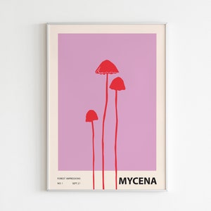 Colorful Mushroom Illustration Print, Abstract botanical wall art, Eclectic home decor, Mycena 01