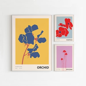 Eclectic gallery wall Set Of 3 Prints, Orhid, Mycena mushroom and Poppies print, Eclectic home decor, Colorful Wall Art, Illustration