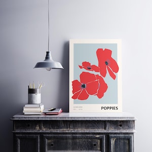 Kleurrijke bloem illustratie print, abstracte botanische kunst aan de muur, Home decor, klaprozen afbeelding 2