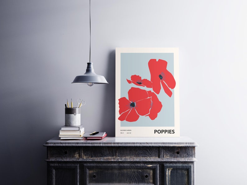 Kleurrijke bloem illustratie print, abstracte botanische kunst aan de muur, Home decor, klaprozen afbeelding 2