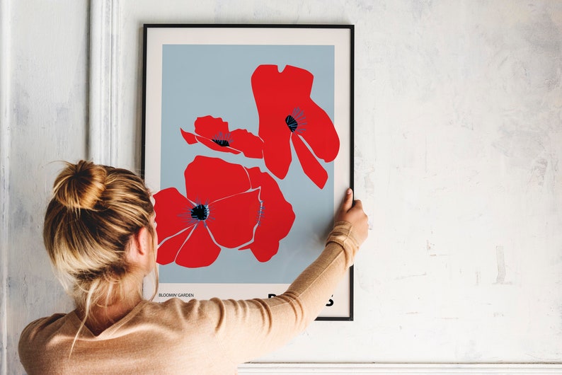 Kleurrijke bloem illustratie print, abstracte botanische kunst aan de muur, Home decor, klaprozen afbeelding 3