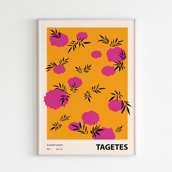 Stampa colorata illustrazione floreale, arte murale botanica astratta, decorazione eclettica della casa, Tagetes 01