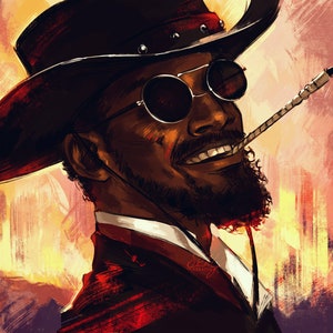 K&ouml;nnte beinhalten: Ein digitales Gem&auml;lde eines Mannes mit einem schwarzen Cowboyhut, Sonnenbrille und einer roten Jacke. Er hat einen Bart und l&auml;chelt. Er h&auml;lt eine Zigarette im Mund.