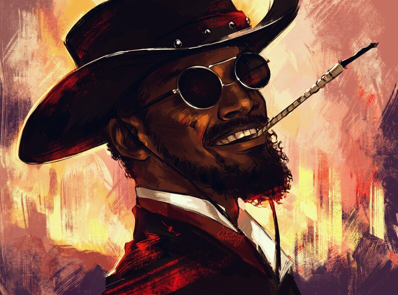 K&ouml;nnte beinhalten: Ein digitales Gem&auml;lde eines Mannes mit einem schwarzen Cowboyhut, Sonnenbrille und einer roten Jacke. Er hat einen Bart und l&auml;chelt. Er h&auml;lt eine Zigarette im Mund.