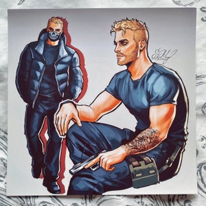 May include: A digital illustration of two men. One man is wearing a black puffer jacket with a skull mask, black trousers, and black shoes. The other man is wearing a blue t-shirt, blue trousers, and a black belt with a green pouch. He has a tattoo on his arm and is holding a gun. The background is white.