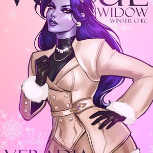 Może przedstawiać: Ilustracja postaci w beżowym płaszczu z futrzanym wykończeniem, czarnych rękawicach i białym kapeluszu. Obrazek zawiera tekst "VOGUE WIDOW WINTER CHIC" i "VERADIA" na r&oacute;żowym tle z płatkami śniegu.