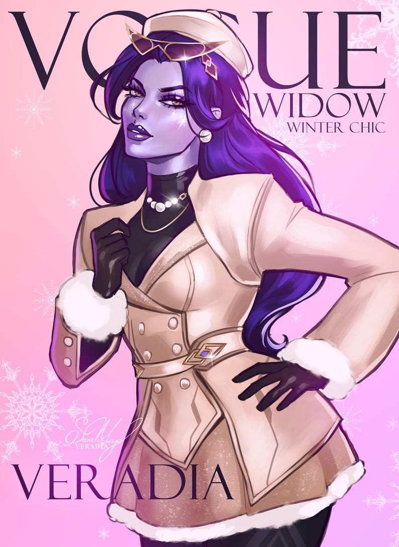 Może przedstawiać: Ilustracja postaci w beżowym płaszczu z futrzanym wykończeniem, czarnych rękawicach i białym kapeluszu. Obrazek zawiera tekst "VOGUE WIDOW WINTER CHIC" i "VERADIA" na r&oacute;żowym tle z płatkami śniegu.