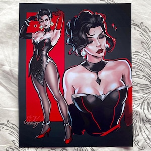May include: A print featuring a stylized illustration of a woman in a black dress with red accents. The artwork includes a full-body pose and a close-up, both set against a red and black background. The woman has dark hair and is wearing red gloves and heels.