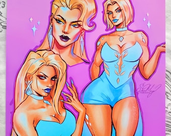 May include: Three illustrations of women with blonde hair and blue outfits on a pink background. The women are wearing different outfits, including a strapless dress, a one-piece swimsuit, and a short-sleeved top. The illustrations are in a cartoon style and have a sparkly effect.