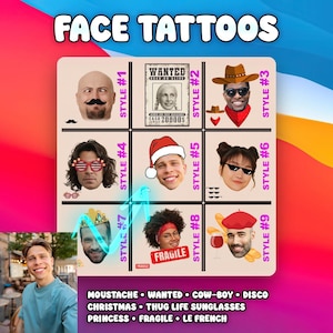 Set of 24 Personalized Temporary Tattoos – Your Face and Accessories from Photo – 9 Styles to Choose – Temporary Tattoos