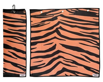Tiger Print Golf Towel - Tri-Fold Microfiber Waffle Texture Golf Towel w/ Golf Bag Clip - Golf Accessory, Golf Gift Idea