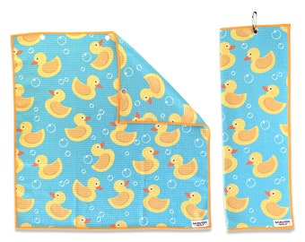 Rubber Ducky Print Golf Towel - Tri-Fold Microfiber Waffle Texture Golf Towel w/ Golf Bag Clip - Golf Accessory, Golf Gift Idea