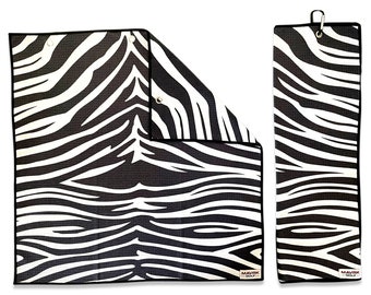 Zebra Print Golf Towel - Tri-Fold Microfiber Waffle Texture Golf Towel w/ Golf Bag Clip - Golf Accessory, Golf Gift Idea