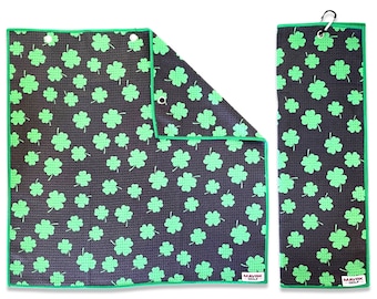 Clover Print Golf Towel - Tri-Fold Microfiber Waffle Texture Golf Towel w/ Golf Bag Clip - Golf Accessory, Golf Gift Idea