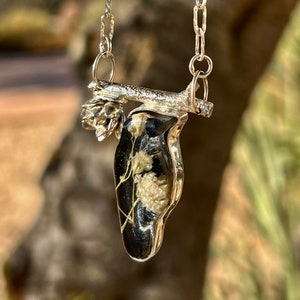 Raven Necklace with Dried Flowers set in resin,Hand made,One of a Kind