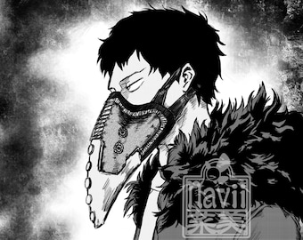May include: Black and white illustration of a person wearing a mask with a chain and a fur-lined jacket. The person has short black hair and is looking to the side. The background is a dark gray with a grunge texture.